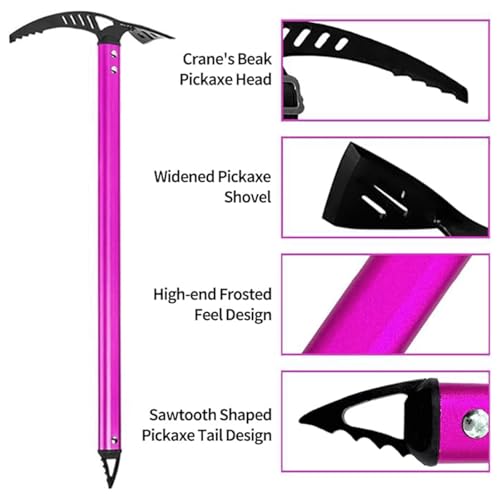 Bobillow Outdoor Camping Ice Axe Walking Pick for Camping Aluminum Alloy Mountaineering Axe Glacier Climbing Tool Lightweight Design,70 Cm (Pink)