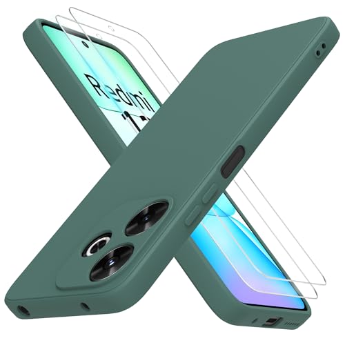 THIYUFUNS Hülle für Xiaomi Redmi 13 4G Handyhülle mit 2 Stück Schutzfolie TPU Liquid Silicone Dünne Weiche Stoßfest Case Schutzhülle für Xiaomi Redmi 13 4G (6.79) - Dunkelgrün
