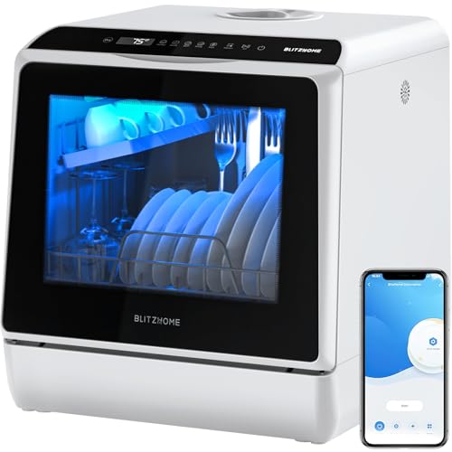 Mini Spülmaschine, BLITZHOME Mini Geschirrspüler App Steuerung, 6 Programme Tragbarer Smart...
