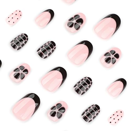Image of Black Press on Nails Polka Dots Fake Nails Short Almond False Nail with Alligator Print Design Flower Glue on Nails Artificial Acrylic Glossy Full Cover Stick on Nail for Women Manicure 24Pcs