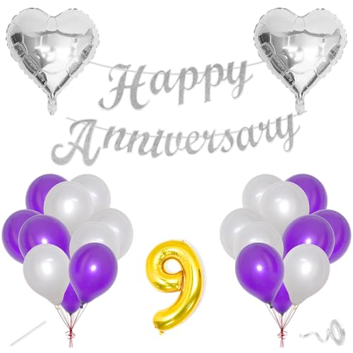 Image of Flyloons 9th Happy Anniversary Decoration Items Purple for Men Women Husband Wife Mom Dad Parent Couple Home Bedroom Car With 20 Pcs Metallic Balloons Anniversary Banner 2 Pcs Heart Set Kit
