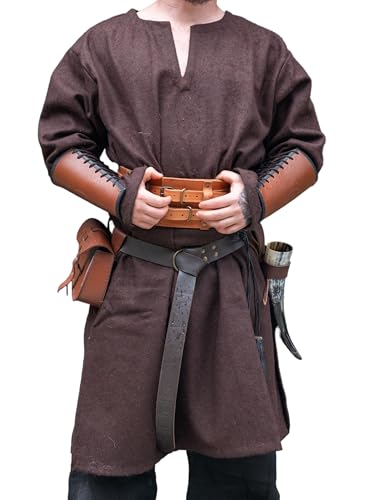 Leonardo Carbone Wikinger Wolltunika Olvisson - Mittelalter Kleidung Herren Mittelalter Hemd Freizeithemden Langarm Karneval Kostüm Herren Wikinger Tunika LARP-Kleidung Braun M