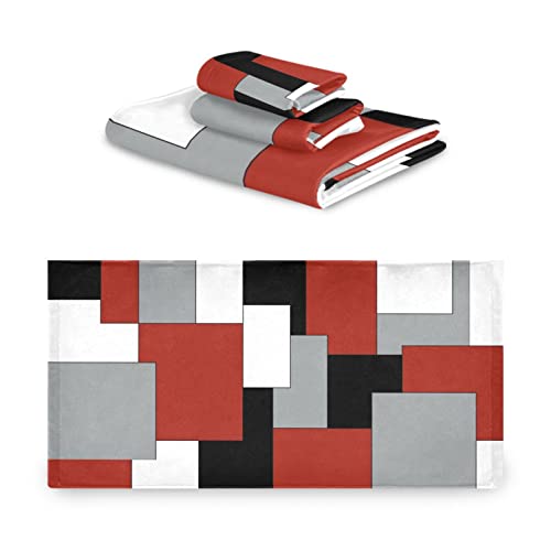 3 Piece Bath Towels Set,Geo White Grey Black Red Abstract Irregular Geometric,1 Bath Towel 1 Hand Towel 1 Washcloth,Super Soft Absorbent Bathroom Towels,Luxury Bath Towel For Bathroom,Kitchen,Spa #TOP1