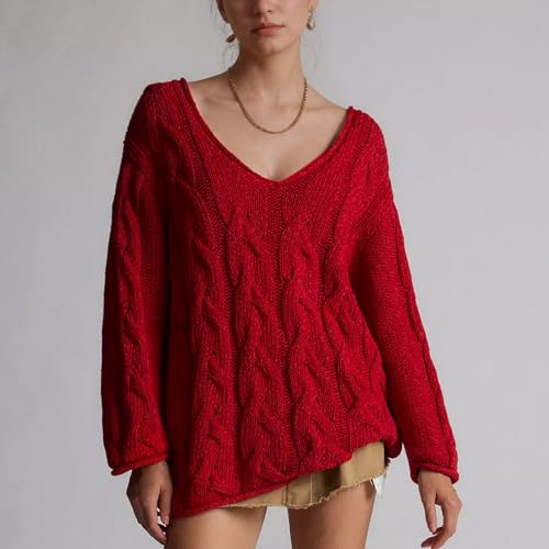 Image of Womens Oversized Off The Shoulder Sweaters Chunky Knit Wide V-Neck Tops Casual Slouchy Pullover Fall Outfits