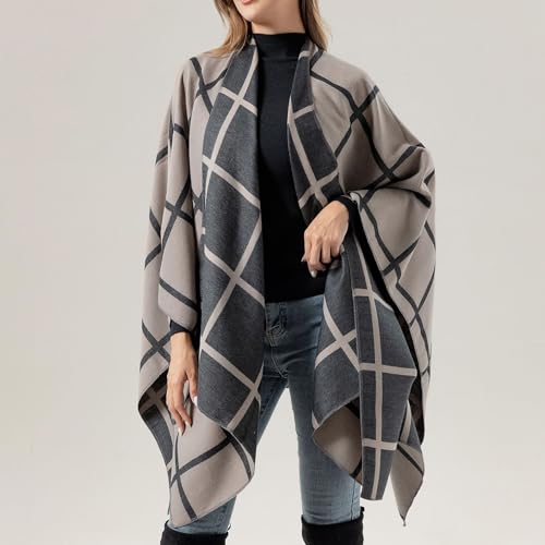 Women's Plaid Shawl Wraps Open Front Poncho Cape Sweater Vintage Printed Warm Cardigan Shawl for Fall Winter3