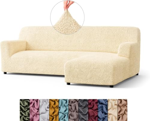 Image of Bellissima Sofa Covers - Premium Luxury Microfibra Plain Stretchable L Shape Right Sofa Cover Fully Covered Slipcover, Imported from Italy (Vanilla)