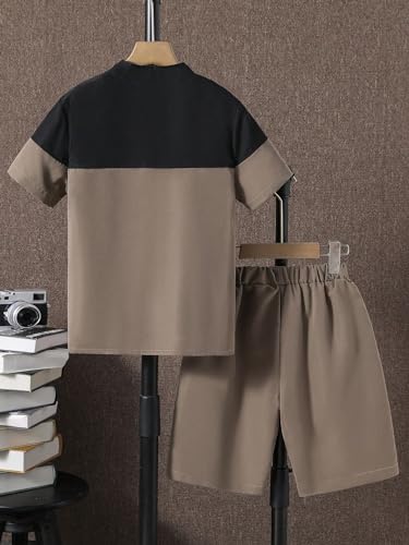 Image of Verdusa Boy's 2 Piece Outfits Letter Print Color Block Short Sleeve Button Up Top and Shorts Set