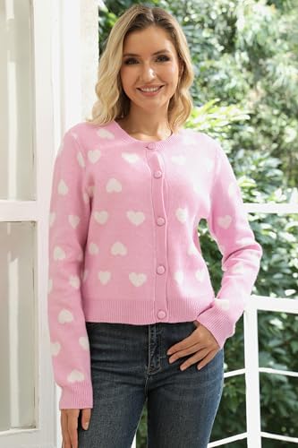 Women's Pink Heart Crew Neck Knit Cardigan Button Front Long Sleeve Cropped Sweater Spring Fall 20253