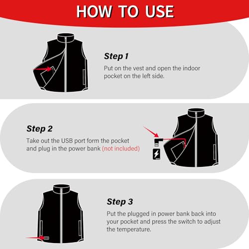 Heated Down Vest with 90% Down for Men and Women - 6 Heating Zones