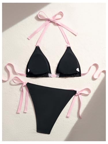 WDIRARA Women's Plus Size Lace Trim Halter Bikini Set Triangle String Swimsuit 2 Piece Bathing Suit2