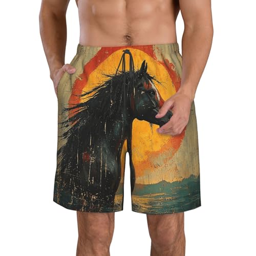Men Swim Trunks Beach Shorts Swimwear Summer Bathing Suits - Horse Native American Retro Art