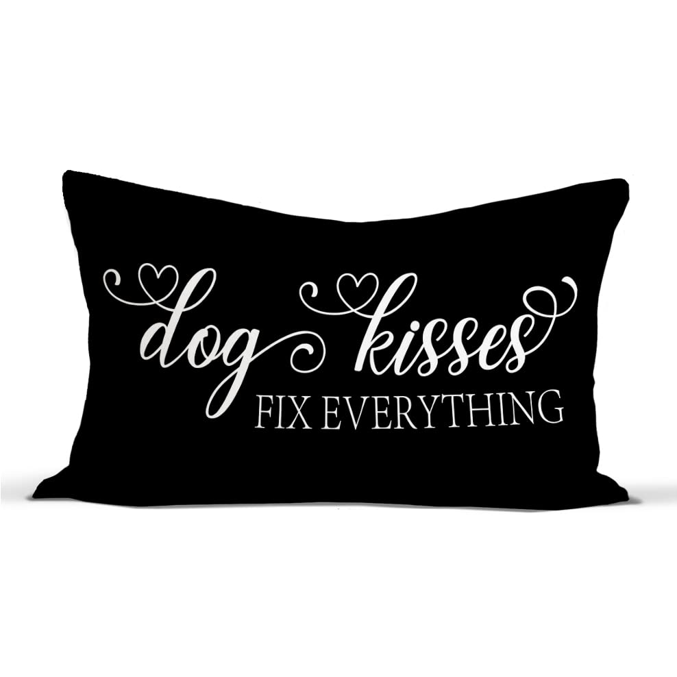 Rusenbao Dog Decoeations for The Home, Funny Cute Dog Couch Black and White Dog Kisses Fix Everything Lumber Throw Pillow Covers, Reserved for Dog 12 x 20 Inch Pillow case