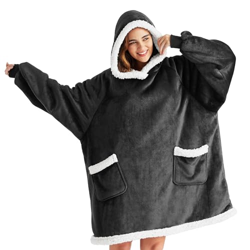Bedsure Wearable Blanket Hoodie with Sleeves - Sherpa Hooded Blanket Adult as Gifts for Mom Women, Winter Sweatshirt Blanket Standard Grey Black