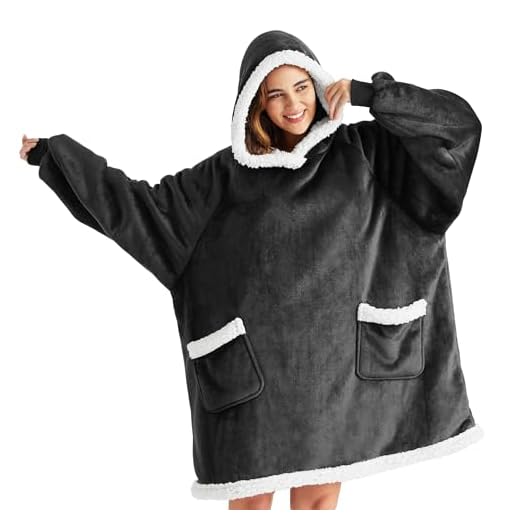 Bedsure Wearable Blanket Hoodie with Sleeves - Sherpa Hooded Blanket Adult as Gifts for Mom Women, Winter Sweatshirt Blanket Standard Grey Black