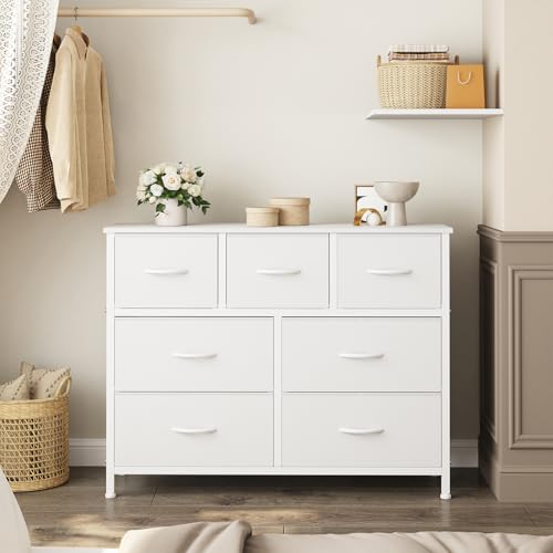 Image of OLIXIS 7 Drawer Closet Organizer Chest, Fabric Storage Tower with Sturdy Steel Frame, Wooden Top & Easy Pull Fabric Bins, Dresser for Bedroom Living Room Entryway Clothes Organization, White