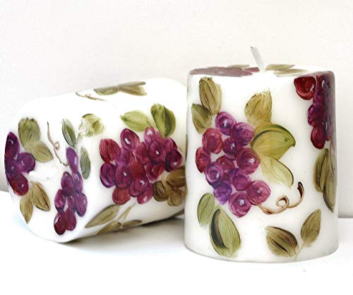 Goddess Arts Collection Handmade Decorative Set Of Two 2 3/4 Inch Tall Unscented Hand Painted Grapevines Grapes Short Pillar Candles Set Mediterranean Tuscan Home Fruit Kitchen Dining Room Decor Accents cover