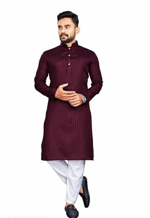 ami fashion Men's Traditional Kurta with Mandarin Collar, Cotton Blend with Silver Stripes, White Pyjama Set-picture-27