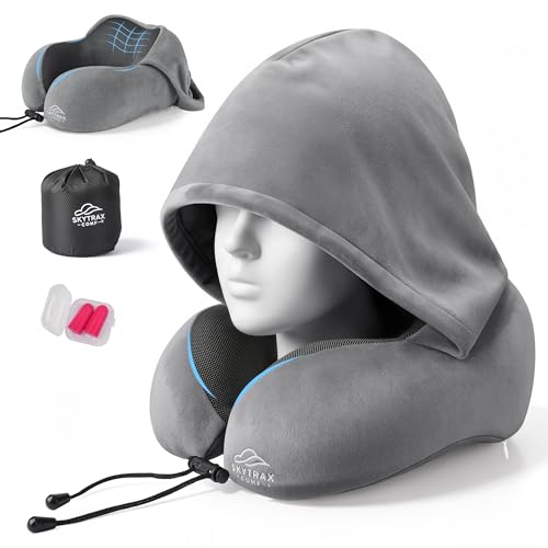 Image of SkytraxComf Travel Neck Pillow with Hood for Privacy on Long Flights | Memory Foam | Airplane Sleep | Safety-Tested Materials | Extra Large Hood | Chin Support | Earplugs | Washable Cover