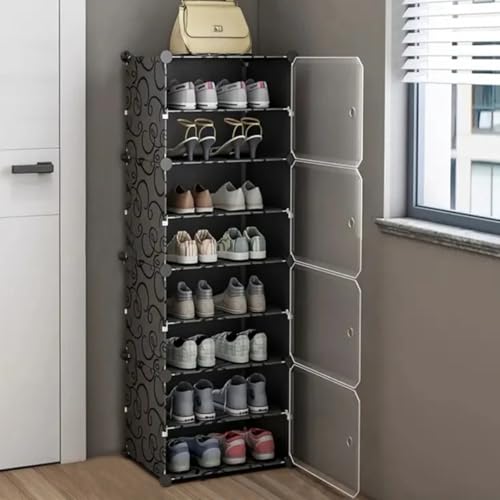 Image of Zemic DIY Plastic Shoe Rack with Door - 8-Shelf, 4-Door for Heels /Shoes - Home, Entryway, Hallway, Bedroom, Living Room (Black)