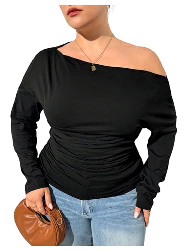 Women's Plus Size Off Shoulder Ruched Tops Long Sleeve Slim Fit Tee Shirts Elegant Basic Top