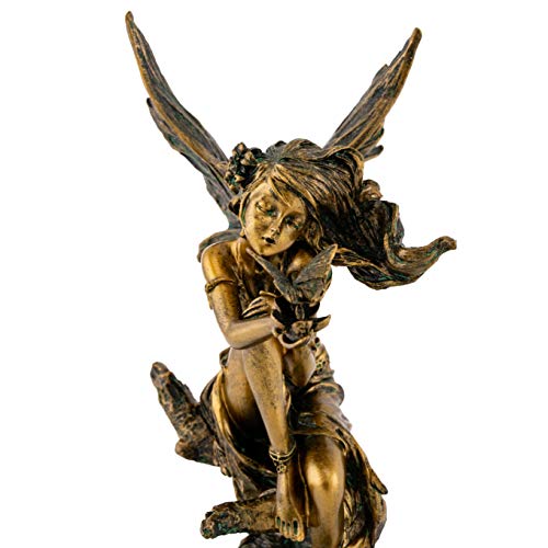 Top Collection Fairy Playing With Butterfly On Tree Stump Statue- Hand Painted Beautiful Magical Creature With Bronze Finish Look - 8-Inch Collectible Fantasy Figurine #TOP5