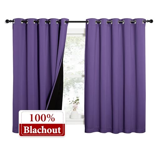 Image of NICETOWN 100% Blackout Curtains with Black Liners, Thermal Insulated Full Blackout 2-Layer Lined Drapes, Energy Efficiency Window Draperies for Bedroom (Lilac Purple, 2 Panels, 62-inch W by 63-inch L)