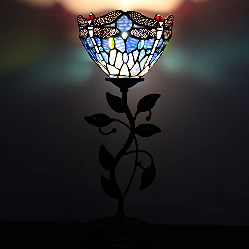 Rhlamps Small Tiffany Table Lamp 8" Navy Blue Stained Glass Dragonfly Style Shade 19" Tall Antique Vintage Metal Leaf Base Mini Bedside Accent Desk Torchiere Uplight For Living Room Bedroom #TOP3