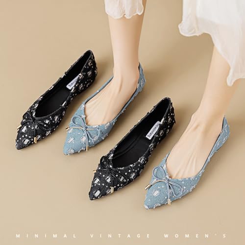 Women's Stylish Suede Denim Ballet Flats,Comfortable Pointed Toe Bow Slip-On Dress Shoes for Work As Loafers.3
