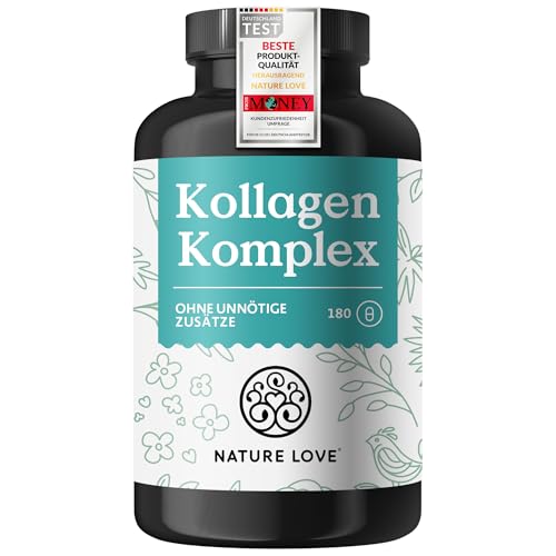 Produktfoto von NATURE LOVE® Kollagen Komplex – 180 Kapseln – mit Hyaluron, Biotin, Selen, Zink, Vitamin C aus Acerola & Silicium…