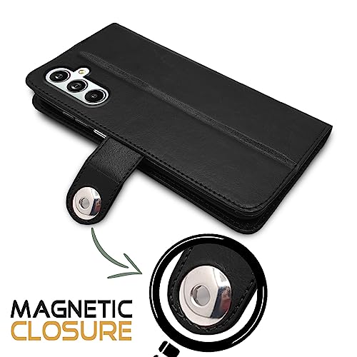 Image of Pikkme Samsung Galaxy F54 / M54 5G Flip Cover Leather Finish | Inside TPU with Card Pockets | Wallet Stand and Shock Proof | Complete Protection Button Flip Case (Black)