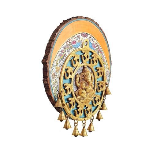 Image of AAKRITI ART CREATIONS Aum Ganesha Wall Hanging, Handcrafted Wooden Decor with Om Symbols and Bells, Dhokra Art Set of 1, Multi Color | Matte Finish Mango Wood | Living Room, Bedroom, Office