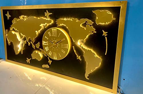 Image of METSY Metal Laser Cut (World Map with Analogue Clock) with LED Strip Lighting | World Clock Map for Wall |(Golden World map) (4x2) feet | Metal Wall Art | Wall Decor Items