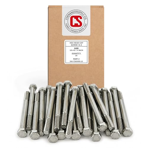 Image of Chenango Supply 3 /8-16 x 4 Stainless Steel Hex Head Bolts - 304 Stainless, USS Coarse Thread, 100,000-125,000 PSI Tensile Strength, Corrosion-Resistant Hardware Bolts, (25 Pieces, 3 /8-16 x 4)