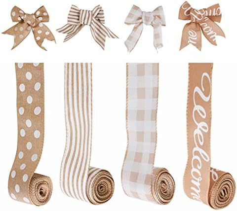 MuRealy Wired Farmhouse Ribbons - 2.5 Inch Polyester Ribbons with Buffalo Plaid, Stripes, Dot, and Letter, Decorative Ribbons for Christmas, Gifts Wrapping, Wedding and Floral Bow, 4 Rolls 20 Yards