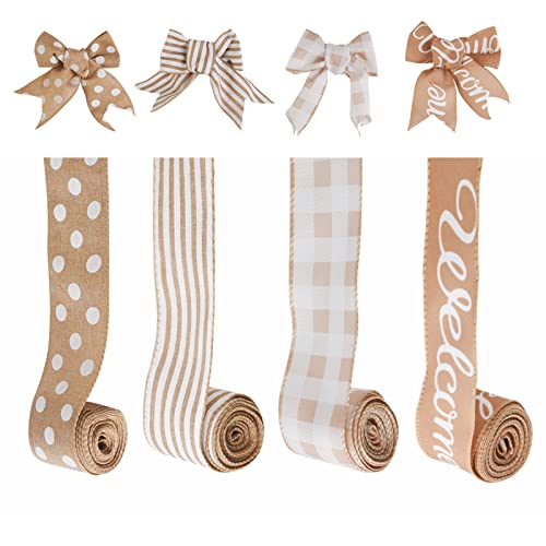 Murealy Wired Farmhouse Ribbons - 2.5 Inch Polyester Ribbons With Buffalo Plaid, Stripes, Dot, And Letter, Decorative Ribbons For Christmas, Gifts Wrapping, Wedding And Floral Bow, 4 Rolls 20 Yards #TOP2