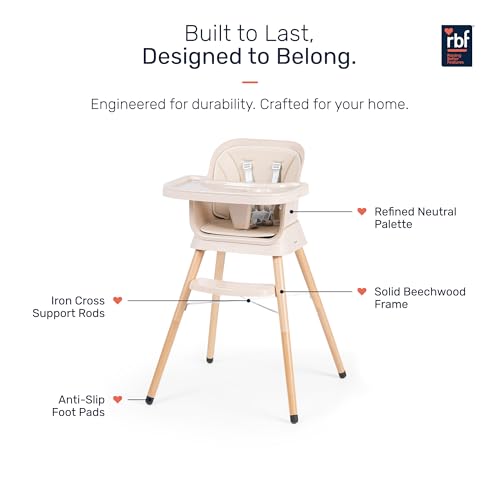 Image of Growgether ORBIT 4-in-1 Baby High Chair with Solid Beechwood Legs | TUV SUD Certified Convertible Wooden Feeding Chair, Booster Seat & Toddler Stool (6-36M) | 5-Point Safety Harness, Dual-Layer PP Tray & Removable PU Cushion | 1 Year Warranty | Beige