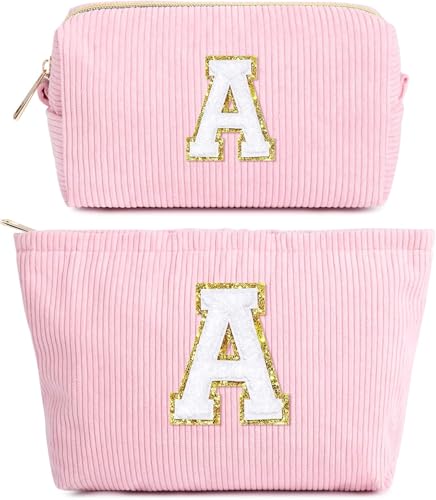 2 Pezzi Borsa per Cosmetici per donna, Iniziale Pochette Trucchi Viaggio, Trousse Trucchi Organizer, Rosa Beauty Case, Regalo Compleanno Natale Ideale per Donne Ragazze Fidanzate Migliori Amiche(A)