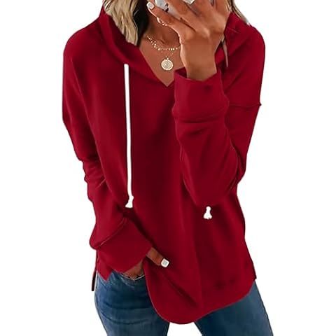 Poetsky Long Sleeve Hoodies for Women Casual Lightweight Pullover Sweatshirts Side Slit Loose Fall Tops (Red S) Cover