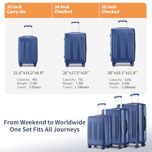 Image of Kono 3 Piece Expandable Luggage Set 20 /24 /28inch Suitcases for Long Travel | Lightweight PC+ABS hardshell suitcases set with TSA locks, 360 silent spinner wheels, expandable design, Navy Blue