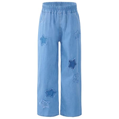 Girls Jeans Kids Ripped Denim Elastic Waist Wide Leg Pants with Pockets 5-16 Years
