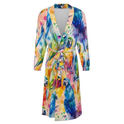 Colorful Parrots Watercolor Soft Robe Long Sleeve Bathrobes V Neck Sleepwear Spa Robes with Belt Men Woman4