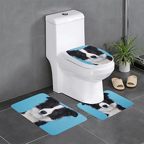 DEPILA Badezimmer 3-teiliges Badezimmerteppich-Set mit Border-Collie-Print 3-teiliges Badezimmerteppich-Set Badematte + Kontur + Toilettendeckelbezug Badezimmer-Antirutsch-Pad Sets