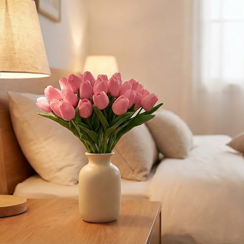Image of 20Pcs Stems 13.5 Inch Deep Pink PU Artificial Moisturizing Tulips, Faux Tulips Flowers for Thanksgiving Christmas Decorations Wedding Home Table Vase Floral Arrangements