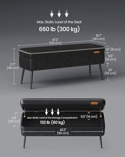 Image of VASAGLE EKHO Collection - Storage Ottoman Bench, Entryway Bedroom Bench, 15 Gallons, Synthetic Leather with Stitching, Mid-Century Modern, Safety Hinges, Loads 660 lb, Ink Black ULOM074B01