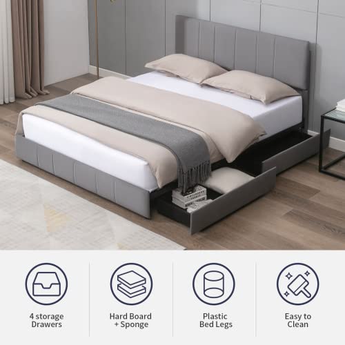 Zafly Platform King Size Bed Frame With Adjustable Headboard,Upholstered Cal King Bed Frame With 4 Storage Drawers,Wooden Slats Support,No Box Spring Needed (Dark Grey) #TOP3