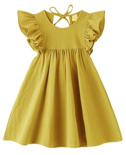 Image of LYXIOF Toddler Baby Girl Cotton Linen Dress Ruffle Sleeve Halter Sleeveless Kids Casual Dresses