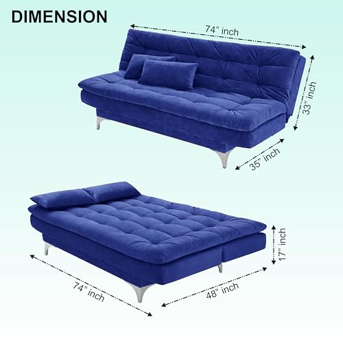 Image of Modern 3 Seater Sofa Cum Bed with Cushions, Foldable Convertible Couch, Velvet Fabric Sleeper Sofa for Living Room, Guest Room, Blue