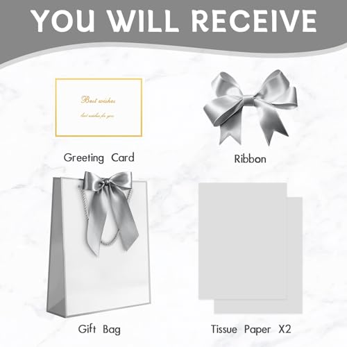 Image of JMANNI Gift Bag, 1PCS Gift Bags with Ribbon and 1 Greeting Cards 2 Tissue Paper, Portable Paper Gift Bag with Handles, Birthday Gift Bags,Present Bags for Wedding Party Mothers Day(White-Sliver)