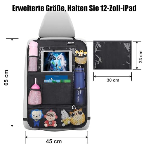 Ezilif Auto Rückenlehnenschutz Kinder, Wasserdicht Sitzschutz Auto Organizer mit 12 Zoll Tasche für iPad/Tablet, Autositz Organizer mit Kick-Matten-Schutz, Schwarz