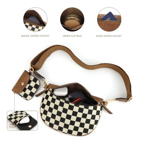 Image of 2 Pcs Checkered Crossbody Bags for Women Bum Bag Checkered Cross Body Sling Backpack Hobo Satchels Shoulder Wallet Purses
